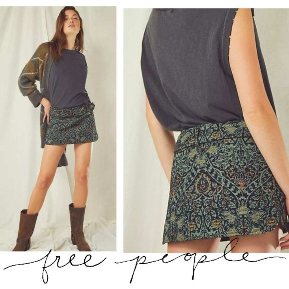 Free People On The Go-Go Jacquard Mini Skirt Size 12 Green & Brown